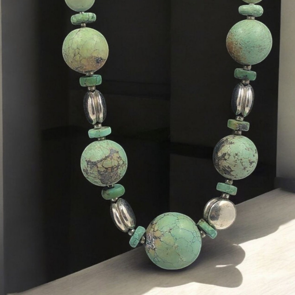 Antique Sterling Silver 925 and Large Matrixed Turquoise Bead Necklace Signed